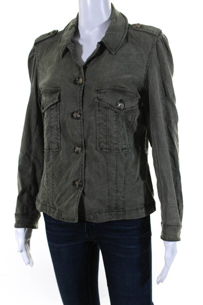 Paige Womens Collared Long Sleeve Button Up Cargo Jacket Green Size L