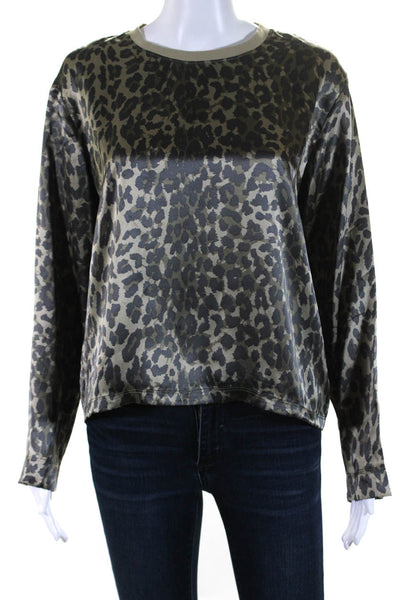 ATM Womens Silk Animal Print Round Neck Long Sleeve Blouse Top Green Size S