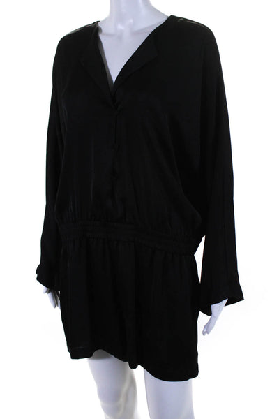 BCBGMAXAZRIA Womens Stretch Waist V-Neck Long Sleeve Romper Black Size L