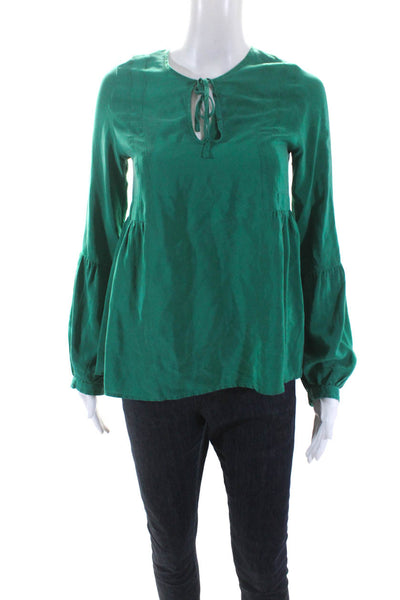 Amanda Uprichard Womens Puff Sleeve Tie Neck Top Blouse Green Silk Size Petite