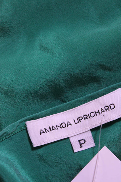 Amanda Uprichard Womens Puff Sleeve Tie Neck Top Blouse Green Silk Size Petite