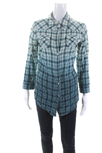 Elizabeth and James Womens Seersucker Plaid Ombre Shirt Blouse Turquoise Small