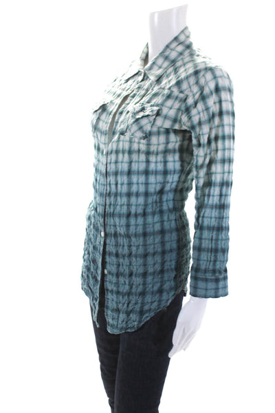 Elizabeth and James Womens Seersucker Plaid Ombre Shirt Blouse Turquoise Small