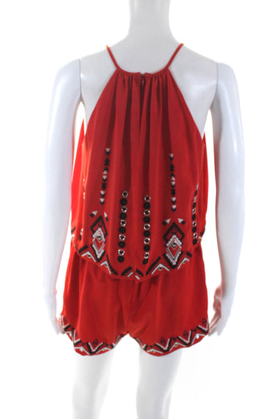 Parker Womens Beaded Embroidered Halter Sleeveless Romper Red Size Extra Small