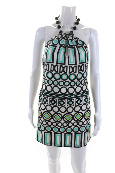 Milly Womens Beaded Halter Geometric Satin Shift Dress White Black Mint Size 0