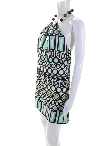 Milly Womens Beaded Halter Geometric Satin Shift Dress White Black Mint Size 0