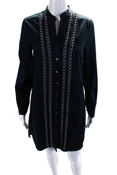 Badgley Mischka Womens Beaded Button Down Shirt Dress Navy Blue Size 2