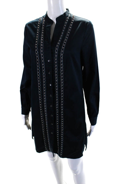 Badgley Mischka Womens Beaded Button Down Shirt Dress Navy Blue Size 2