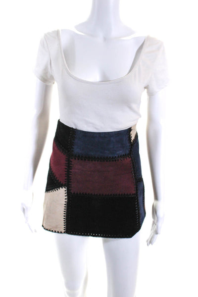 Zara Womens Pig Leather Whipstitch Patchwork Mini Skirt Maroon Navy Size XS