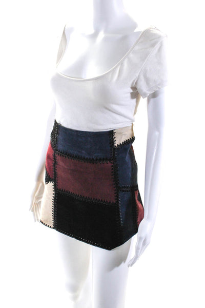 Zara Womens Pig Leather Whipstitch Patchwork Mini Skirt Maroon Navy Size XS