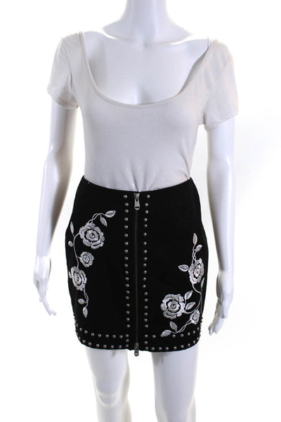 Cinq A Sept Womens Embroidered Rose Studded Mini Twill Pencil Skirt Black Size 0