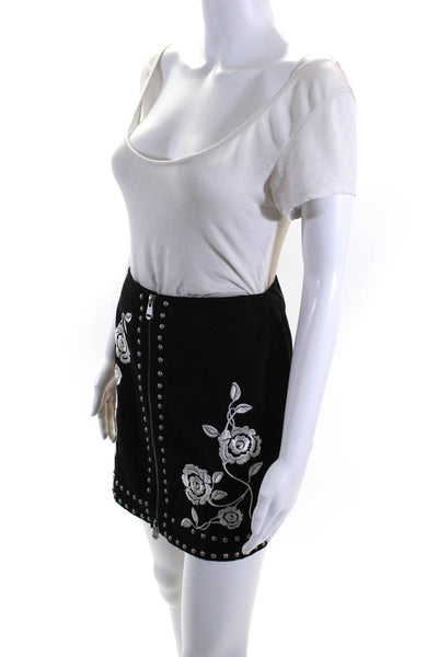 Cinq A Sept Womens Embroidered Rose Studded Mini Twill Pencil Skirt Black Size 0