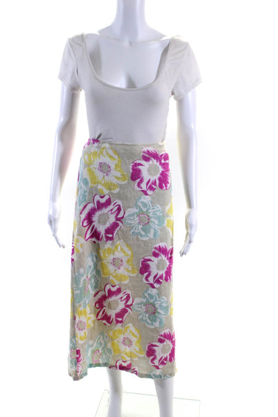 120% Lino Womens Linen Floral Print Side Zip A-Line Maxi Skirt Yellow Size EUR46