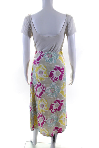 120% Lino Womens Linen Floral Print Side Zip A-Line Maxi Skirt Yellow Size EUR46