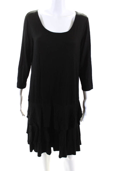 DKNY Womens Round Neck Long Sleeve Ruffled Hem Pullover Midi Dress Black Size L