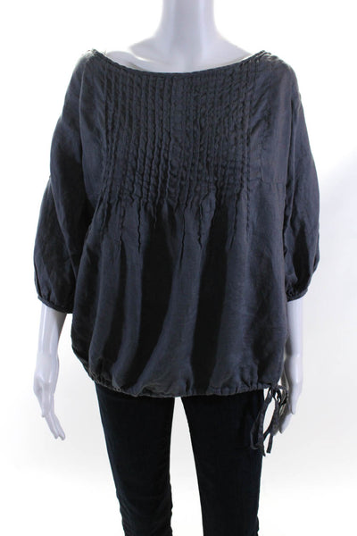 120% Lino Womens Linen Pleated Round Neck Textured Blouse Top Gray Size EUR44