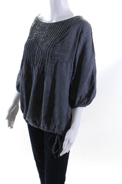 120% Lino Womens Linen Pleated Round Neck Textured Blouse Top Gray Size EUR44