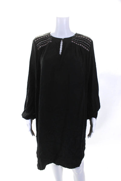 Flannel Womens Silk Embroidered Long Sleeves Dress Black Size Large