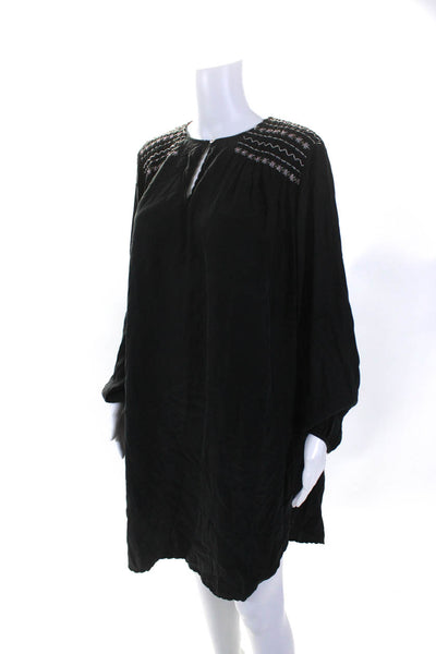 Flannel Womens Silk Embroidered Long Sleeves Dress Black Size Large