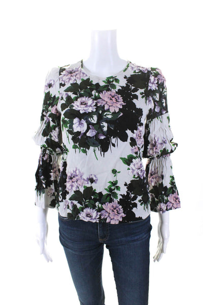 Club Monaco Womens Floral Print Round Neck Long Sleeve Blouse Top White Size XS