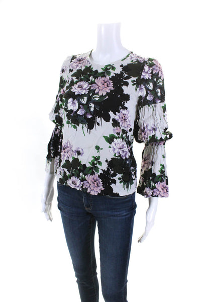 Club Monaco Womens Floral Print Round Neck Long Sleeve Blouse Top White Size XS