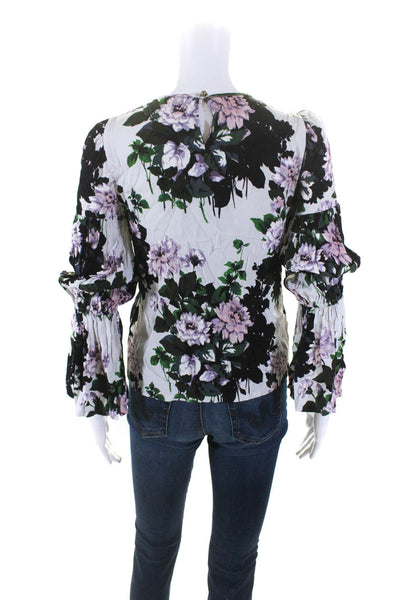 Club Monaco Womens Floral Print Round Neck Long Sleeve Blouse Top White Size XS