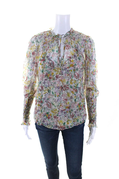 Veronica Beard Womens Long Sleeve V Neck Floral Silk Top White Multi Size 00