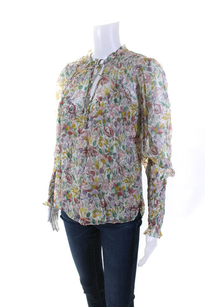 Veronica Beard Womens Long Sleeve V Neck Floral Silk Top White Multi Size 00