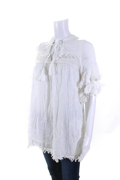 Allison Womens Short Sleeve Knit Overlay Fringe Top White Size Extra Small