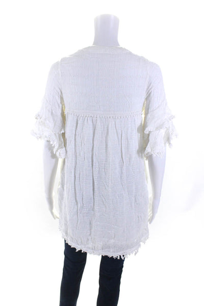 Allison Womens Short Sleeve Knit Overlay Fringe Top White Size Extra Small