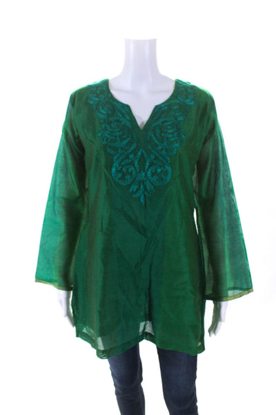 Amaya Womens 3/4 Sleeve V Neck Embroidered Tunic Top Green Cotton Size Small