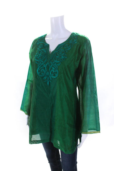 Amaya Womens 3/4 Sleeve V Neck Embroidered Tunic Top Green Cotton Size Small