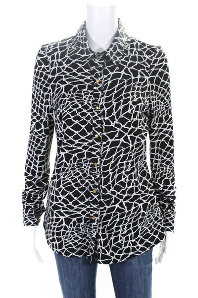 BCBGMAXAZRIA Womens Long Sleeve Button Fornt Printed Top Black White Size Medium