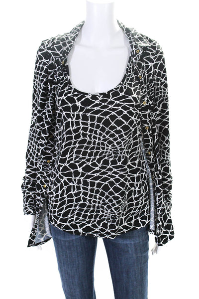 BCBGMAXAZRIA Womens Long Sleeve Button Fornt Printed Top Black White Size Medium