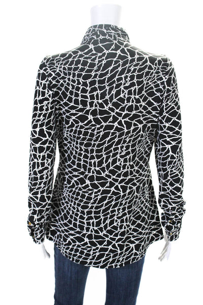 BCBGMAXAZRIA Womens Long Sleeve Button Fornt Printed Top Black White Size Medium