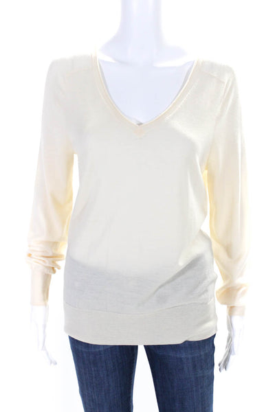 Trina Turk Womens Long Sleeve V Neck Ribbed Trim Sweater White Wool Size Medium