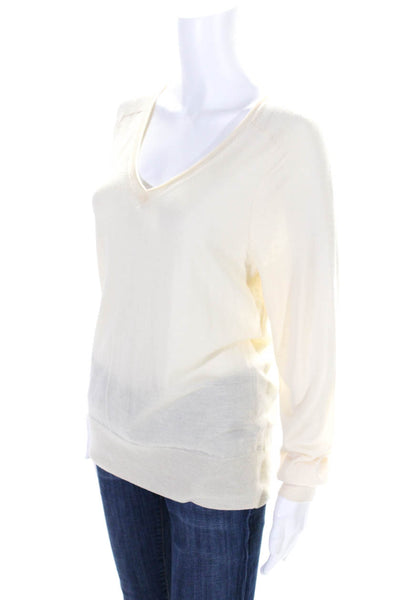 Trina Turk Womens Long Sleeve V Neck Ribbed Trim Sweater White Wool Size Medium