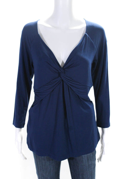 BCBGMAXAZRIA Womens Long Sleeve Twist Front V Neck Top Blue Size Medium