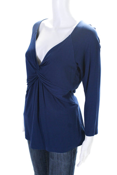 BCBGMAXAZRIA Womens Long Sleeve Twist Front V Neck Top Blue Size Medium