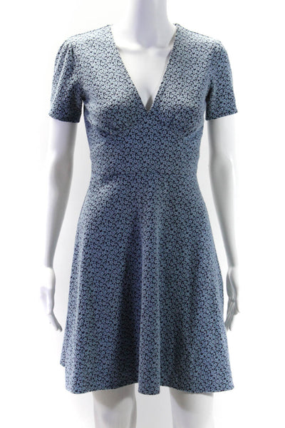 Michael Michael Kors Womens Floral Knit V-Neck Zip Up A-Line Dress Blue Size P