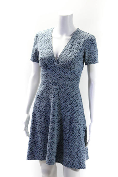 Michael Michael Kors Womens Floral Knit V-Neck Zip Up A-Line Dress Blue Size P