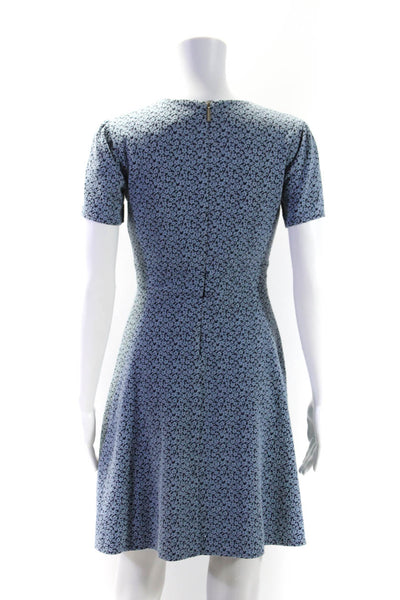 Michael Michael Kors Womens Floral Knit V-Neck Zip Up A-Line Dress Blue Size P