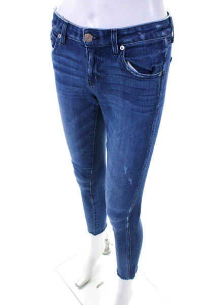 Amo Womens Cotton Medium Washed Fringed Hem Skinny Leg Jeans Blue Size EUR25