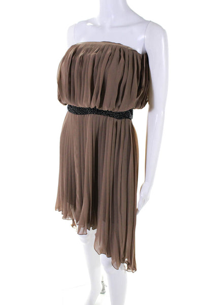Haute Hippie Womens Strapless Pleated Beaded Trim High-Low Dress Brown Size XS