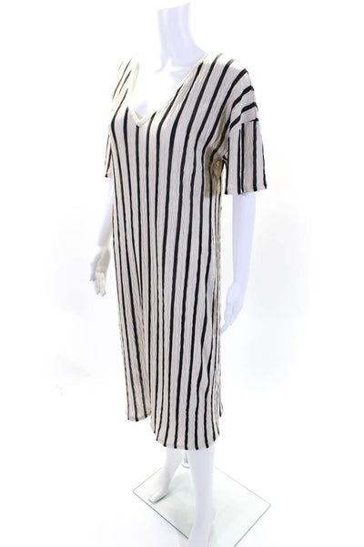 Zara Trafaluc Womens Striped V-Neck Short Sleeve Midi Dress Beige Size S
