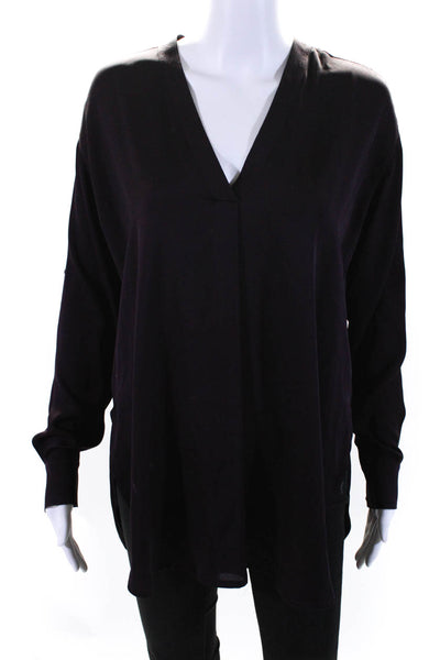 Vince Womens Silk V Neck Long Sleeves Blouse Eggplant Purple Size Small