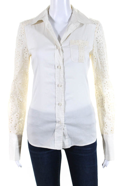 Tory Burch Womens Cotton Embroidered Collared Button Up Blouse Cream Size 2