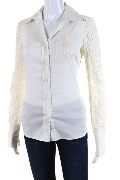 Tory Burch Womens Cotton Embroidered Collared Button Up Blouse Cream Size 2