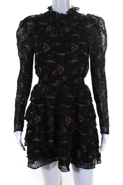 Ba&Sh Womens Geometric Print High Neck Long Sleeve Mini Dress Black Size 0