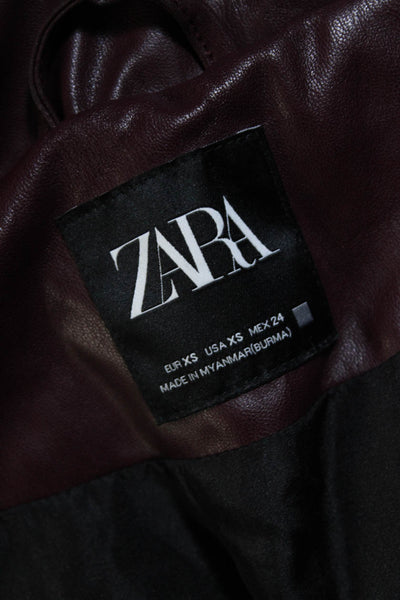 Zara Womens Long Sleeve Full Zip Short Hooded Puffer Coat Burgundy Red Size XS